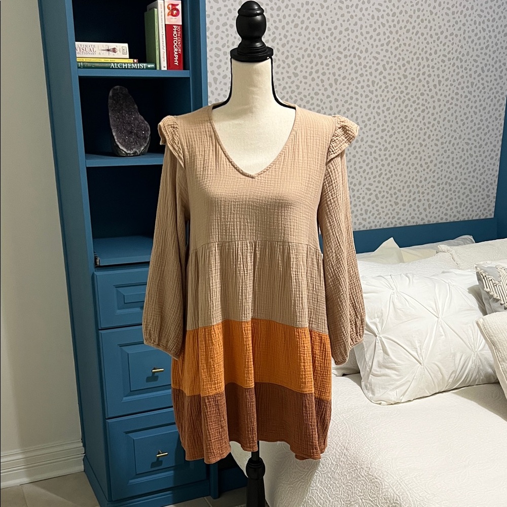 JODIFL ruffle sleeve cotton gauze babydoll mini dress khaki/pumpkin/cinnamon M